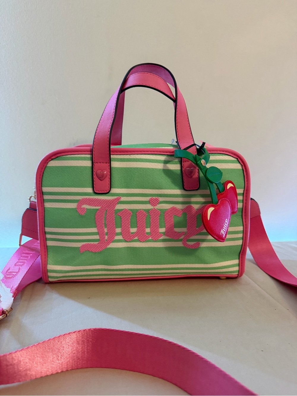 Juicy Green & Pink Striped Canvas Satchel